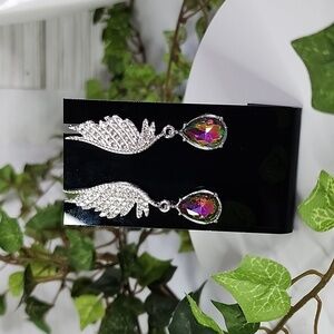 Silver Crystal Feather with AB Teardrop Stone New